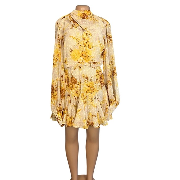 3/$30 🍂 ASOS High Neck Pleated Jacquard Mini Dress Yellow & Cream - Picture 3 of 11